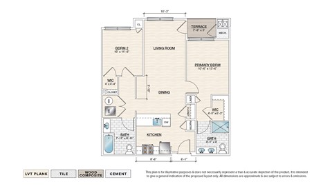 Floor plan for 2 beds, 2 baths, 1020 sqft